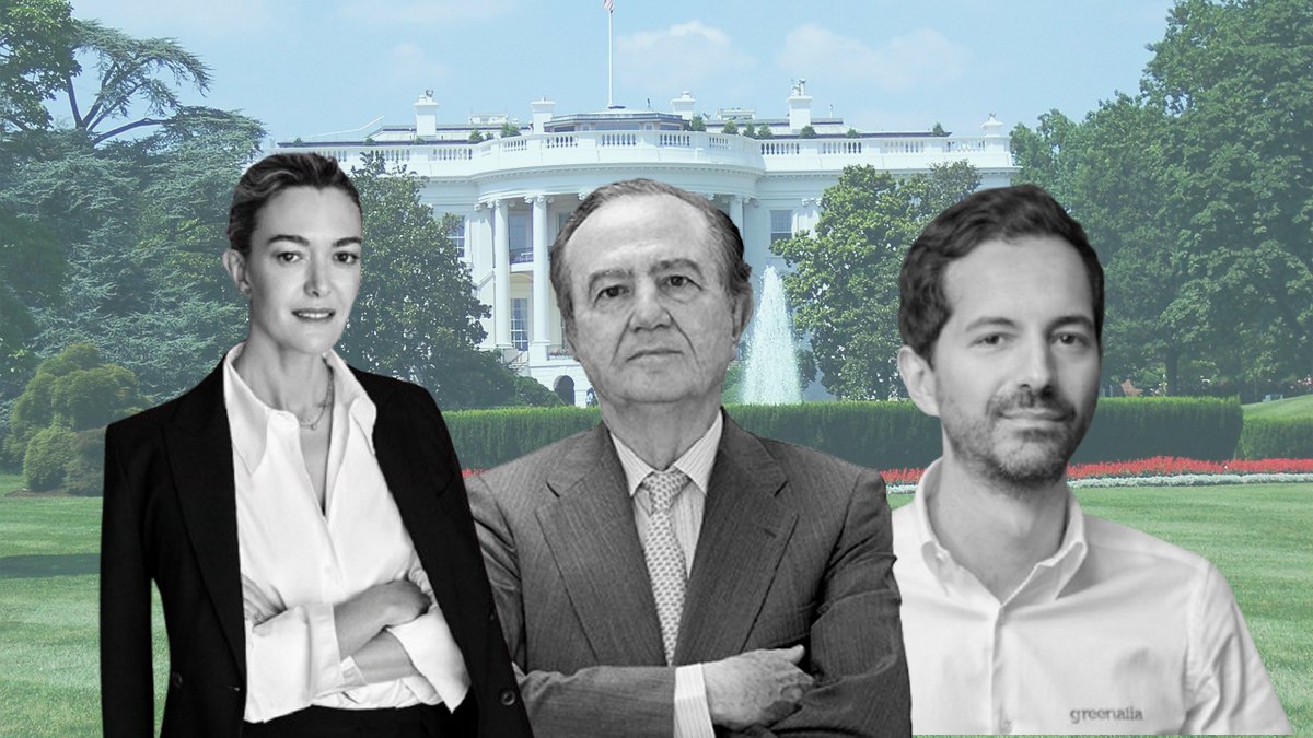 Marta Ortega, José María Fernández de Sousa y Manuel García, en un montaje delante de una foto de la Casa Blanca, debido a los negocios en Estados Unidos de Inditex, Pharma Mar y Greenalia