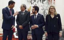 Pedro Sánchez, Quim Torra, Pere Aragonès (ERC) y Elsa Artadi (JxCat) en el Palau de Pedralbes de Barcelona, el 20 de diciembre de 2018 | EFE/AD/Archivo