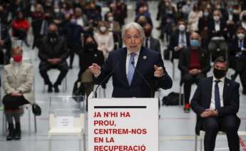 El presidente de Foment del Treball, Josep Sánchez Llibre, durante su intervención en el acto celebrado por el mundo empresarial catalán en Barcelona contra la violencia en las calles, el 4 de marzo de 2021 | EFE/AG