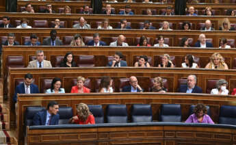 MADRID, 14/07/2022.- El presidente del Gobierno español, Pedro Sánchez (izda-abajo), y la vicepresidenta segunda y ministra de Trabajo y Economía Social, Yolanda Díaz (2i, abajo), durante el debate del proyecto de ley de Memoria Democrática en el pleno del Congreso de los Diputados en Madrid, este jueves. El debate a los grupos de derecha y de izquierda por las víctimas de ETA y el franquismo, con reproches cruzados en un debate en el que Unidas Podemos, EH Bildu y ERC han llegado a abandonar el hemiciclo. EFE/Fernando Villar