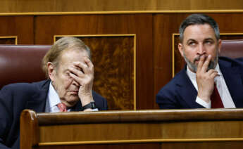 El profesor Ramón Tamames y el líder de Vox, Santiago Abascal. EFE/Chema Moya