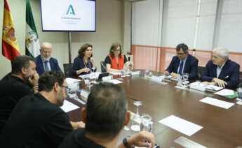 La consejera de Empleo, Empresa y Trabajo Autónomo, Rocío Blanco, durante la reunión de este lunes en Sevilla con el CEO y el secretario general de Acerinox y miembros del comité de empresa. EFE/José Manuel Vidal