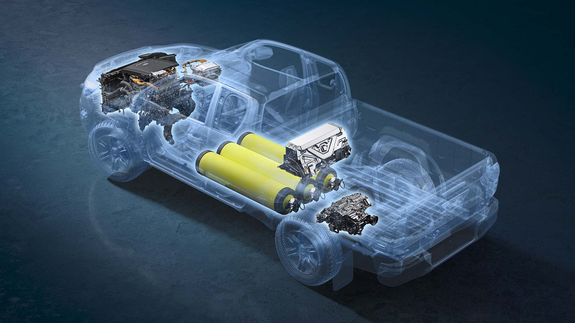 Pila de combustible, inversor, depósitos de hidrógeno, batería y motor eléctrico del Toyota Hilux Fuel Cell.